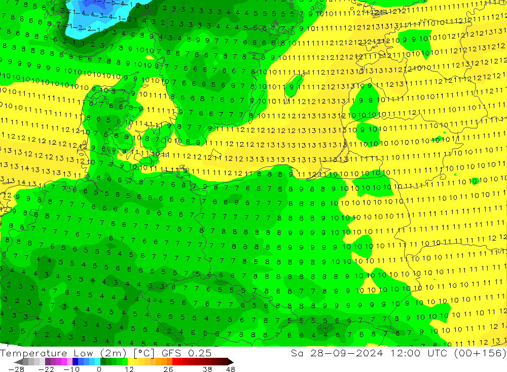 temperatura mín. (2m) GFS 0.25 Sáb 28.09.2024 12 UTC