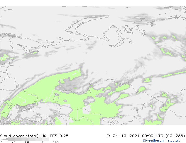 Cloud cover (total) GFS 0.25 Pá 04.10.2024 00 UTC