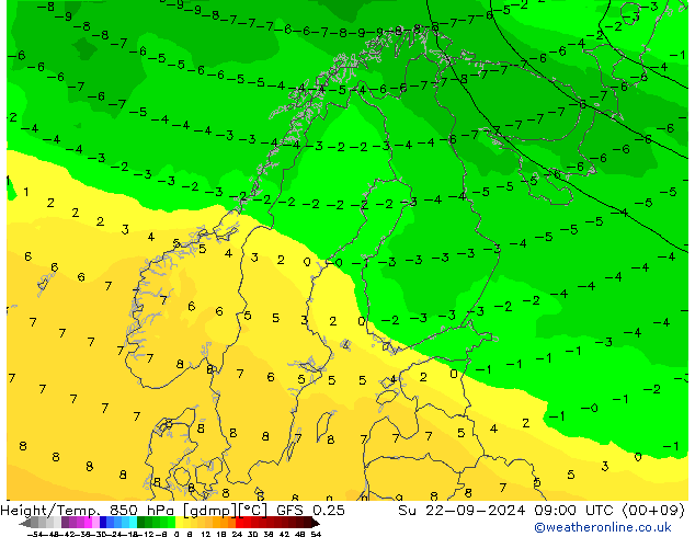 Z500/Rain (+SLP)/Z850 GFS 0.25 dom 22.09.2024 09 UTC