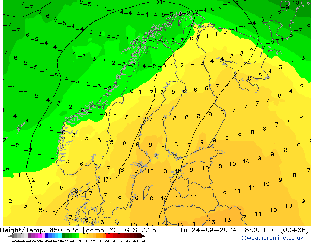 Z500/Rain (+SLP)/Z850 GFS 0.25 Tu 24.09.2024 18 UTC