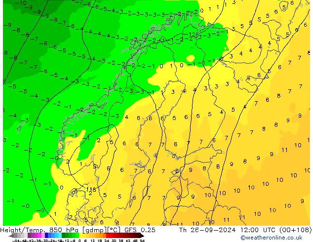 Height/Temp. 850 hPa GFS 0.25 gio 26.09.2024 12 UTC