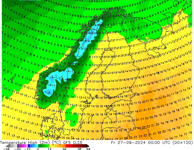 Temperature High (2m) GFS 0.25 Fr 27.09.2024 00 UTC