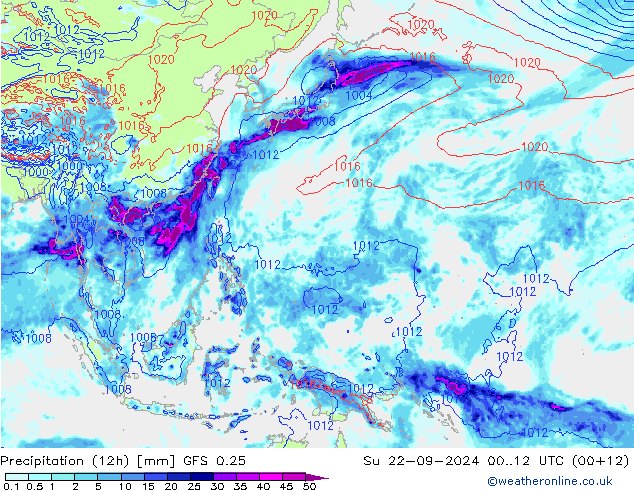 Precipitation (12h) GFS 0.25 Su 22.09.2024 12 UTC