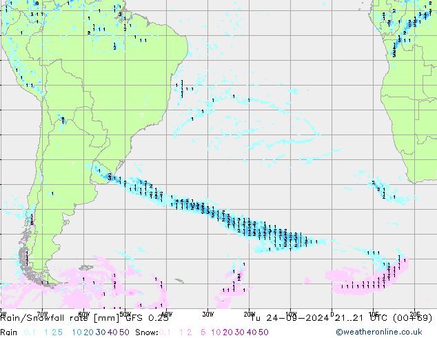 Rain/Snowfall rate GFS 0.25 Tu 24.09.2024 21 UTC