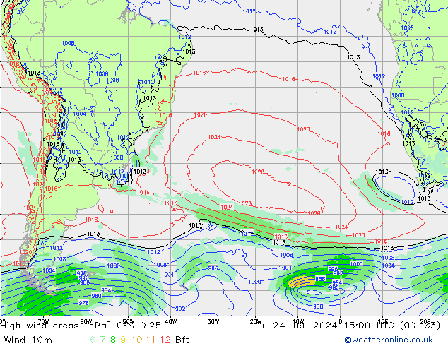 High wind areas GFS 0.25 Út 24.09.2024 15 UTC