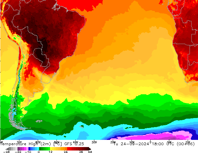 temperatura máx. (2m) GFS 0.25 Ter 24.09.2024 18 UTC