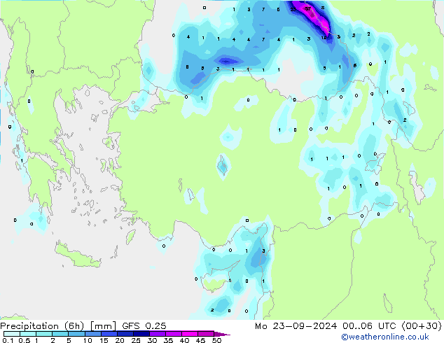 Precipitation (6h) GFS 0.25 Mo 23.09.2024 06 UTC