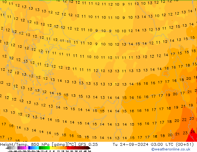 Height/Temp. 850 hPa GFS 0.25 mar 24.09.2024 03 UTC