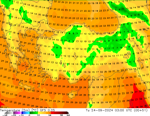 Temperatura (2m) GFS 0.25 mar 24.09.2024 03 UTC