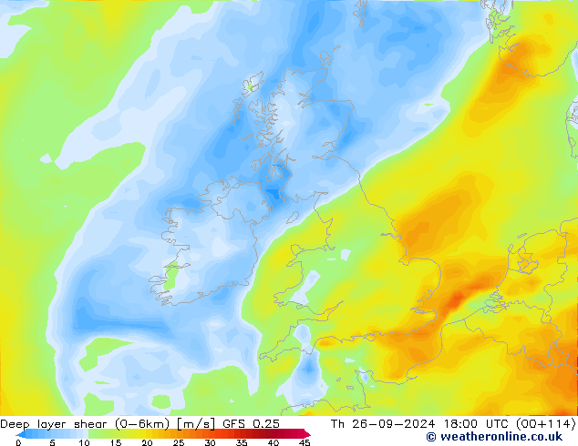 Deep layer shear (0-6km) GFS 0.25 Čt 26.09.2024 18 UTC