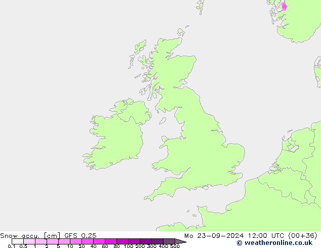 Snow accu. GFS 0.25 Mo 23.09.2024 12 UTC