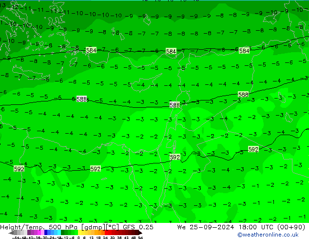 Z500/Rain (+SLP)/Z850 GFS 0.25 Mi 25.09.2024 18 UTC