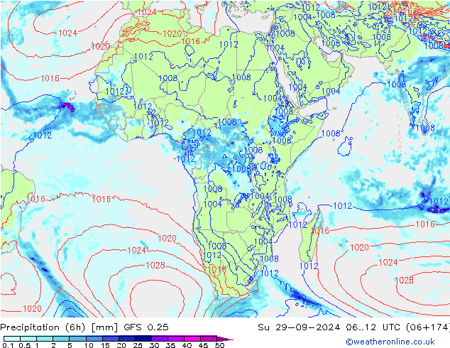 Precipitação (6h) GFS 0.25 Dom 29.09.2024 12 UTC