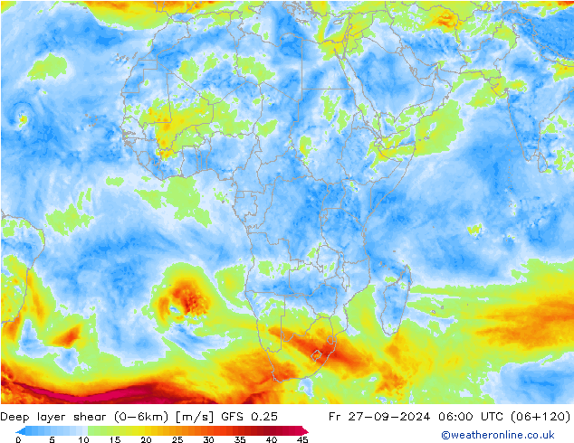 Deep layer shear (0-6km) GFS 0.25 пт 27.09.2024 06 UTC