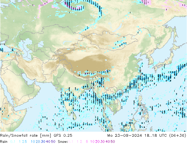 Rain/Snowfall rate GFS 0.25 Mo 23.09.2024 18 UTC