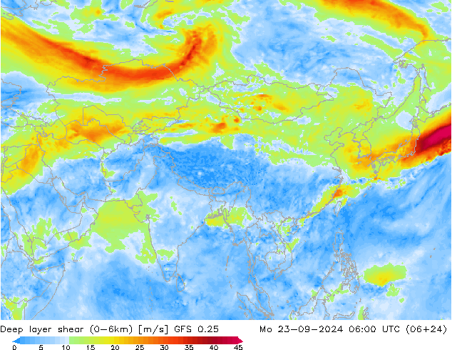 Deep layer shear (0-6km) GFS 0.25 пн 23.09.2024 06 UTC