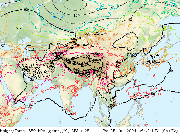 Z500/Rain (+SLP)/Z850 GFS 0.25 Qua 25.09.2024 06 UTC