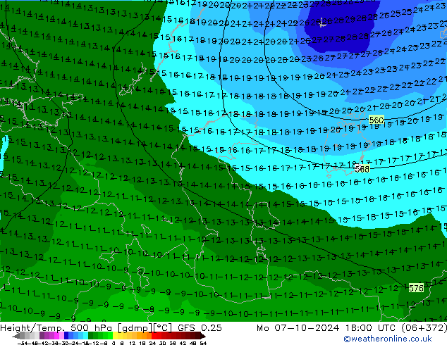 Z500/Rain (+SLP)/Z850 GFS 0.25 Po 07.10.2024 18 UTC