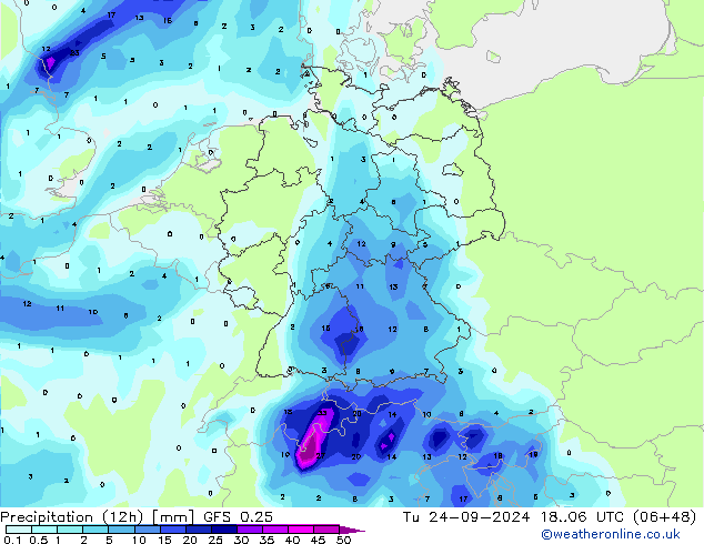 осадки (12h) GFS 0.25 вт 24.09.2024 06 UTC