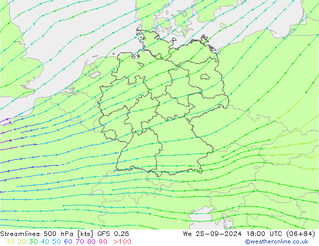 Linea di flusso 500 hPa GFS 0.25 mer 25.09.2024 18 UTC