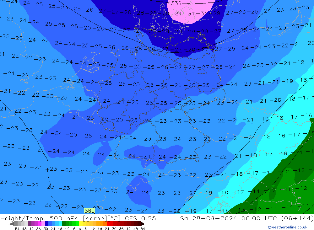 Hoogte/Temp. 500 hPa GFS 0.25 za 28.09.2024 06 UTC