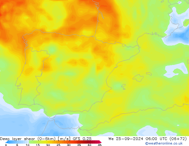 Deep layer shear (0-6km) GFS 0.25 St 25.09.2024 06 UTC