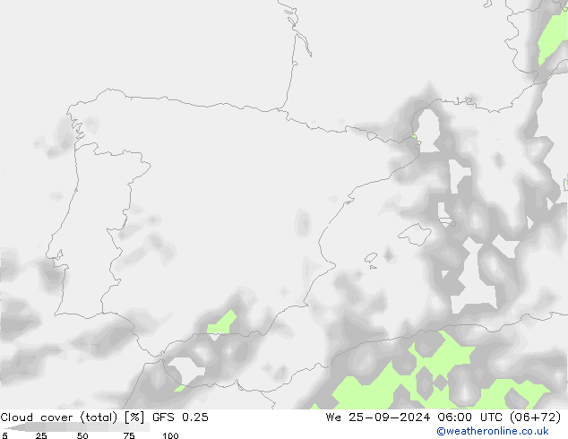 Cloud cover (total) GFS 0.25 St 25.09.2024 06 UTC