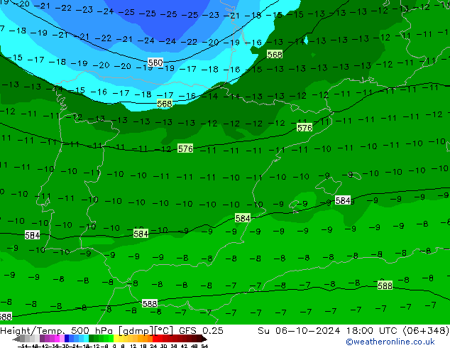 Z500/Rain (+SLP)/Z850 GFS 0.25 Dom 06.10.2024 18 UTC