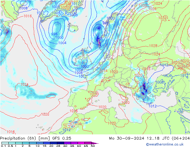 Z500/Rain (+SLP)/Z850 GFS 0.25 Mo 30.09.2024 18 UTC