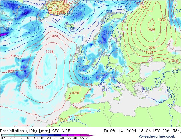 Totale neerslag (12h) GFS 0.25 di 08.10.2024 06 UTC