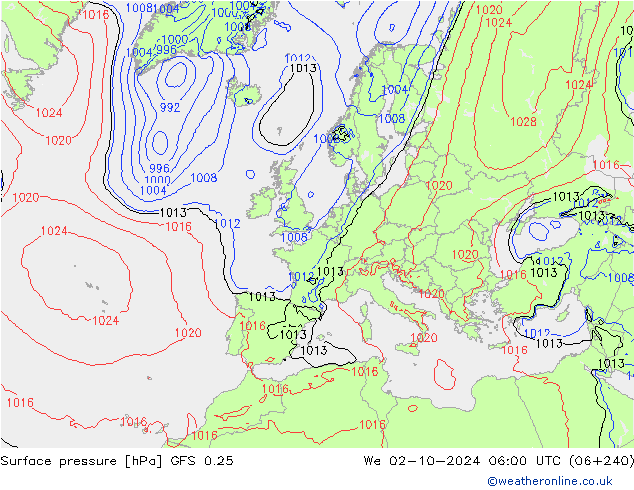 Luchtdruk (Grond) GFS 0.25 wo 02.10.2024 06 UTC