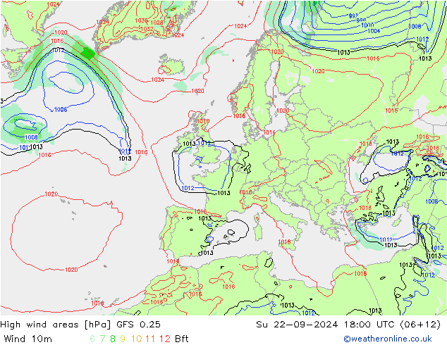 High wind areas GFS 0.25 星期日 22.09.2024 18 UTC