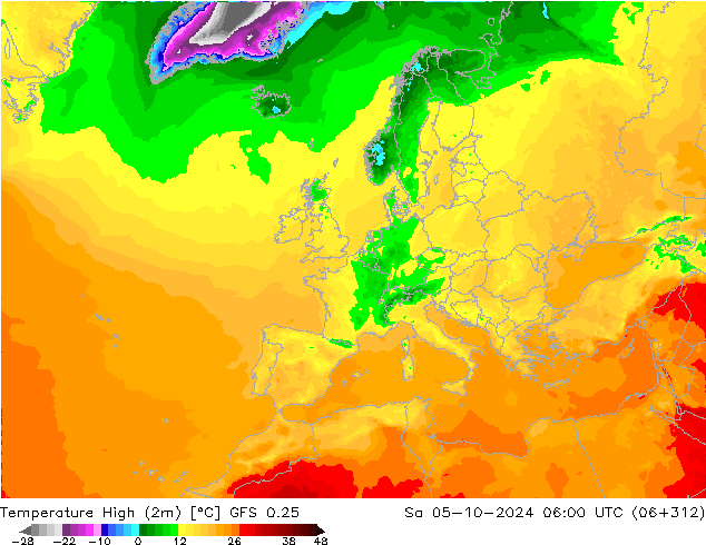 Höchstwerte (2m) GFS 0.25 Sa 05.10.2024 06 UTC