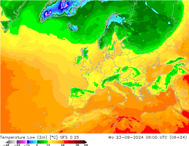 Temperature Low (2m) GFS 0.25 星期一 23.09.2024 06 UTC