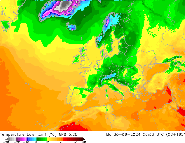 Min.temperatuur (2m) GFS 0.25 ma 30.09.2024 06 UTC