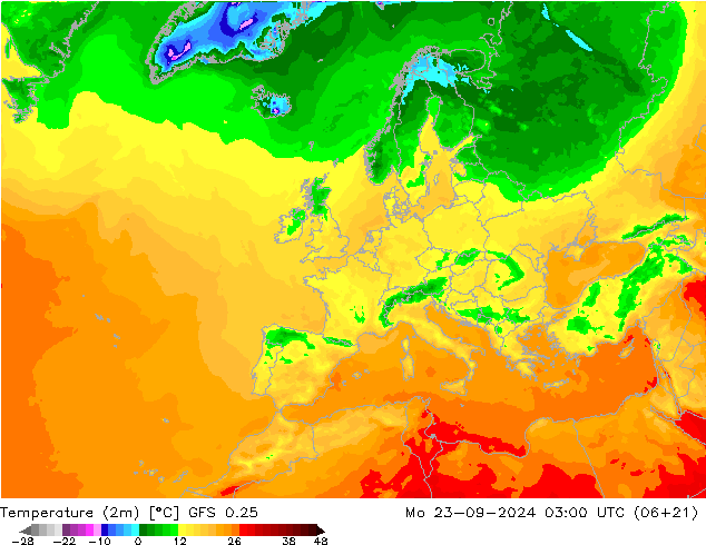 温度图 GFS 0.25 星期一 23.09.2024 03 UTC