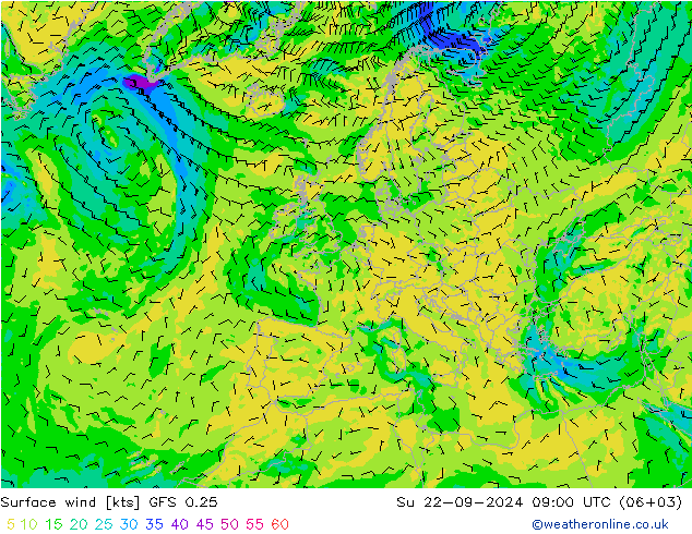 Surface wind GFS 0.25 Su 22.09.2024 09 UTC