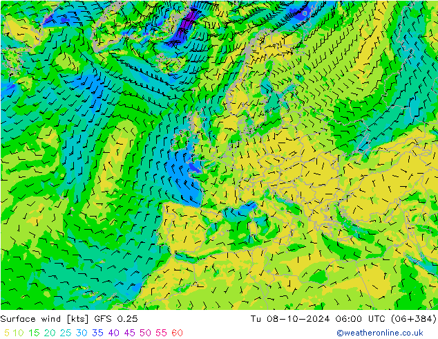 Bodenwind GFS 0.25 Di 08.10.2024 06 UTC