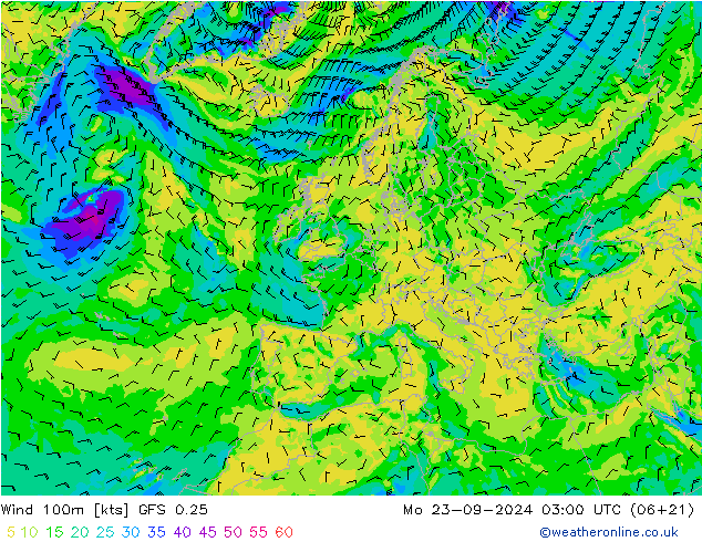 风 100m GFS 0.25 星期一 23.09.2024 03 UTC