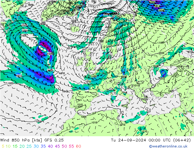 Wind 850 hPa GFS 0.25 Tu 24.09.2024 00 UTC