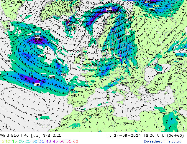 Wind 850 hPa GFS 0.25 Di 24.09.2024 18 UTC