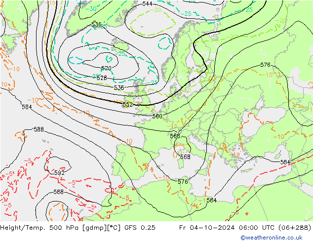 Z500/Rain (+SLP)/Z850 GFS 0.25 Sex 04.10.2024 06 UTC