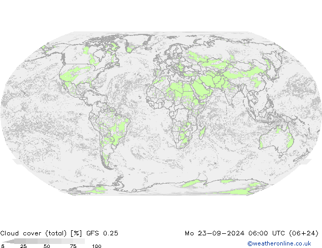 Cloud cover (total) GFS 0.25 Po 23.09.2024 06 UTC