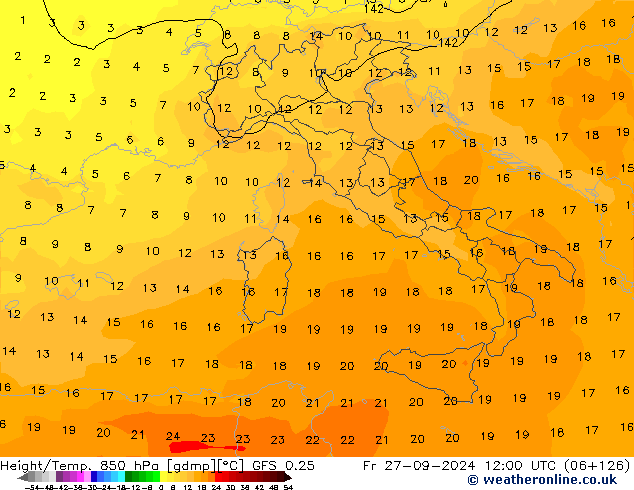 Height/Temp. 850 hPa GFS 0.25 Pá 27.09.2024 12 UTC