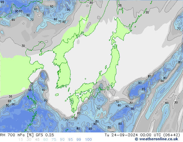 RH 700 hPa GFS 0.25 mar 24.09.2024 00 UTC