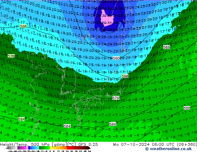 Z500/Rain (+SLP)/Z850 GFS 0.25 lun 07.10.2024 06 UTC