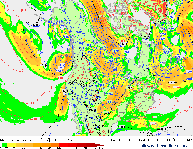 Max. wind velocity GFS 0.25 Út 08.10.2024 06 UTC