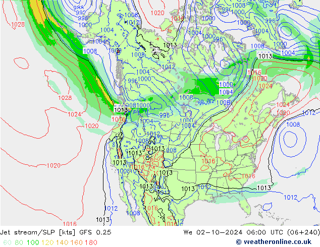 Jet stream GFS 0.25 Qua 02.10.2024 06 UTC