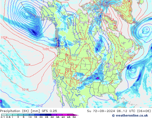 降水量 (6h) GFS 0.25 星期日 22.09.2024 12 UTC