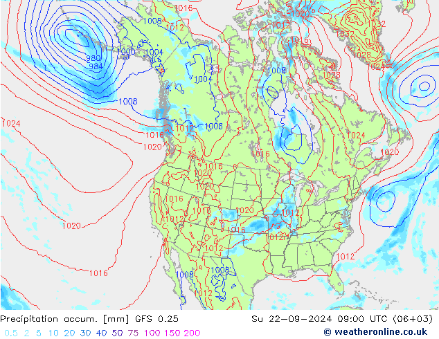 Precipitation accum. GFS 0.25 星期日 22.09.2024 09 UTC